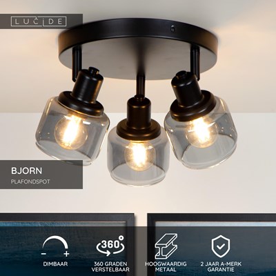 Lucide BJORN - Plafondspot - Ø 38 cm - 3xE14 - Zwart